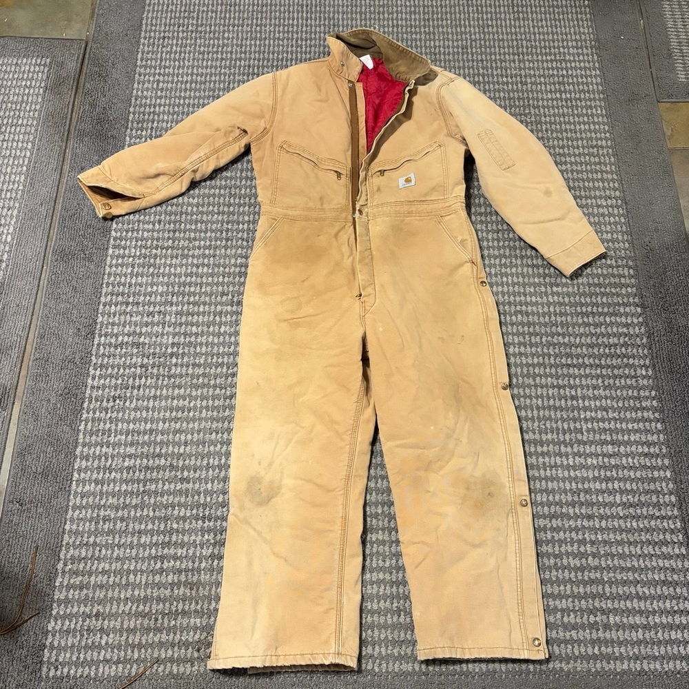 Vintage Carhartt Red quilted Insulated Canvas Coveralls Brown 996QZ 44S USA - Picture 3 of 16